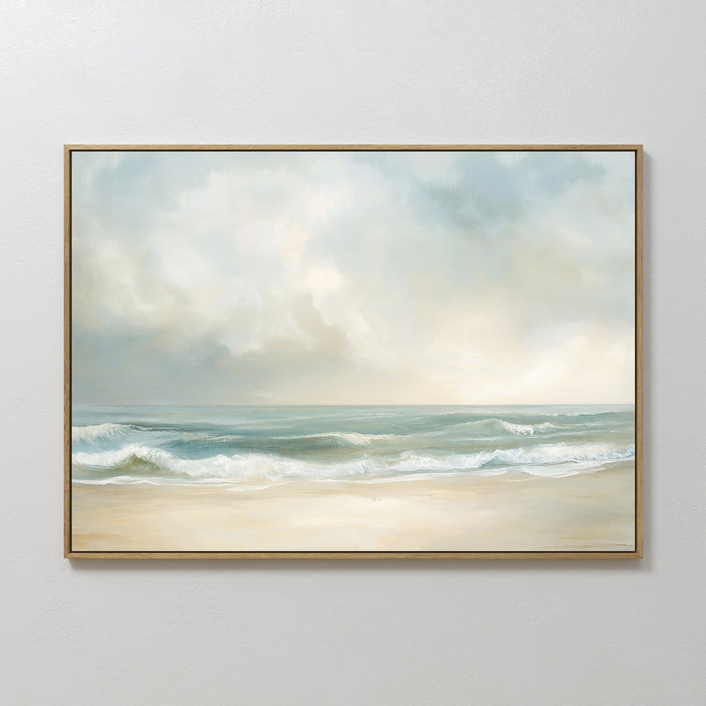 The Serene Beach Canvas Art features gentle waves, soft sand, and a cloudy sky in pastel hues, bringing vintage charm to any plain white wall.