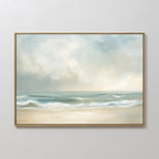 The Serene Beach Canvas Art features gentle waves, soft sand, and a cloudy sky in pastel hues, bringing vintage charm to any plain white wall.