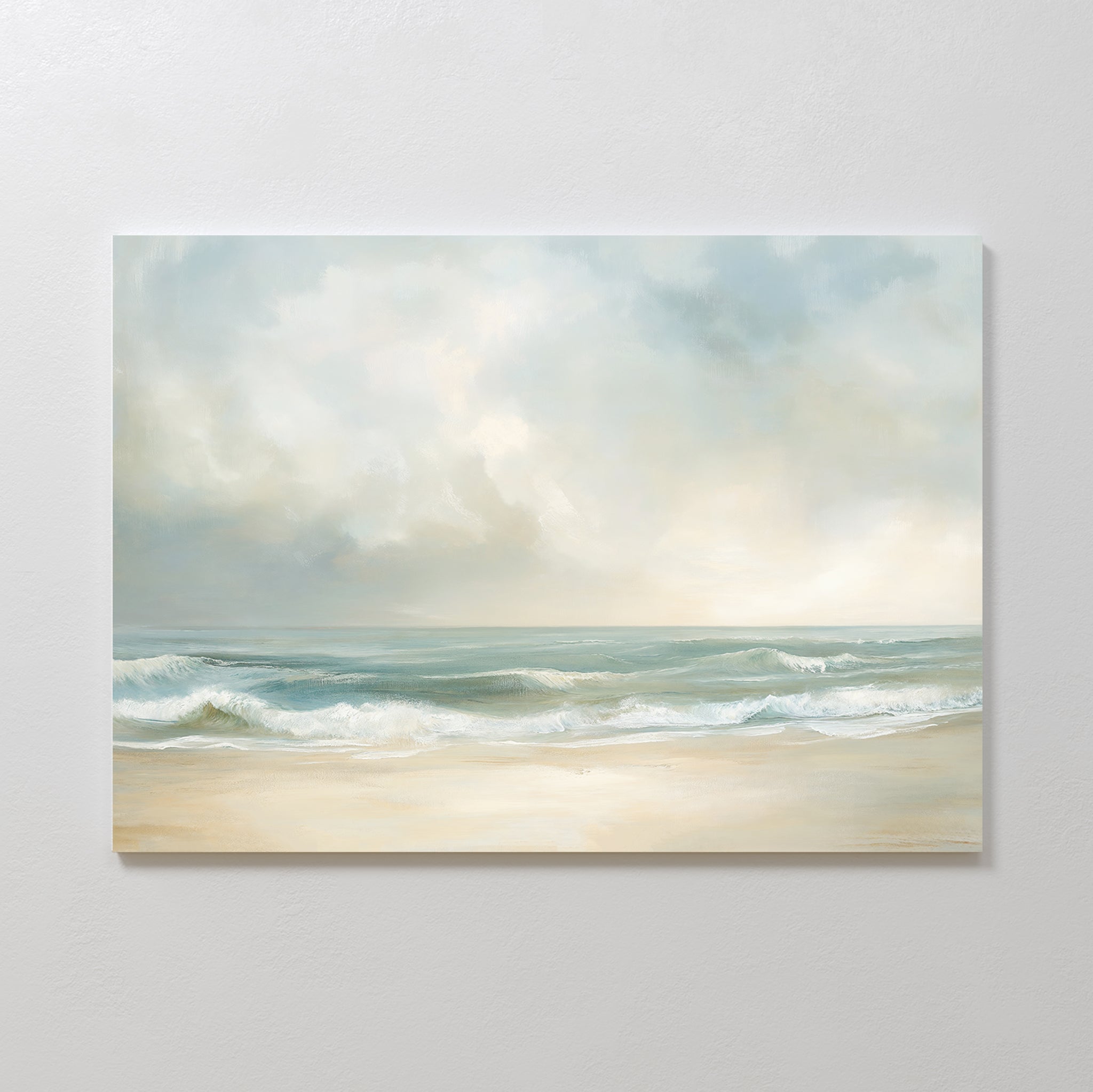Serene Beach Canvas Art features gentle waves on a sandy shore beneath a pastel sky, bringing calm and peaceful vibes—an ideal vintage decor choice for seascape lovers.