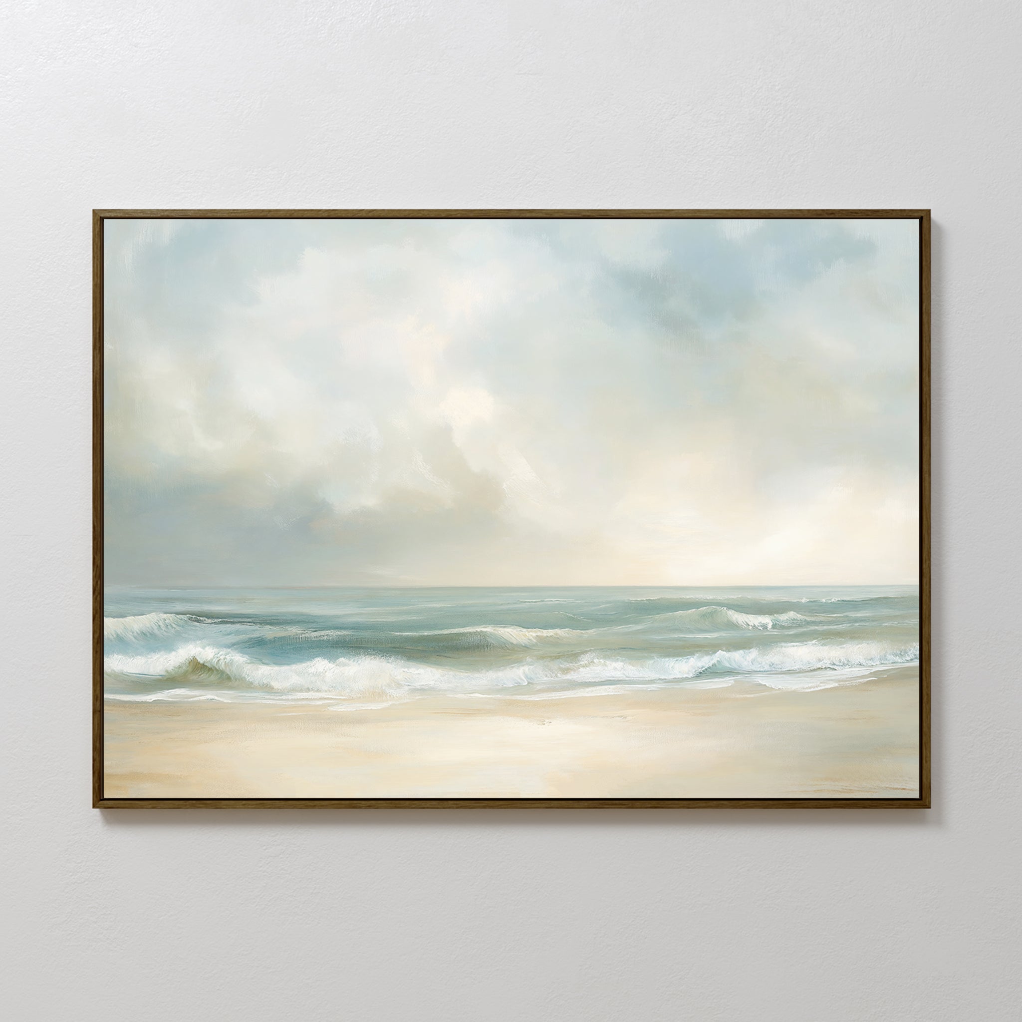 The Serene Beach Canvas Art features gentle waves on a sandy shore beneath a pastel sky. Soft blues, whites, and beige evoke tranquility—perfect vintage decor to bring calming charm to any space.