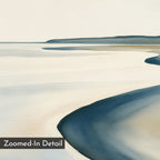 Serene Coastline Canvas Art features a tranquil, abstract shoreline in muted tones with gentle curves of sand and water—ideal for modern neutral decor. "Zoomed-In Detail" is displayed in the lower left corner.