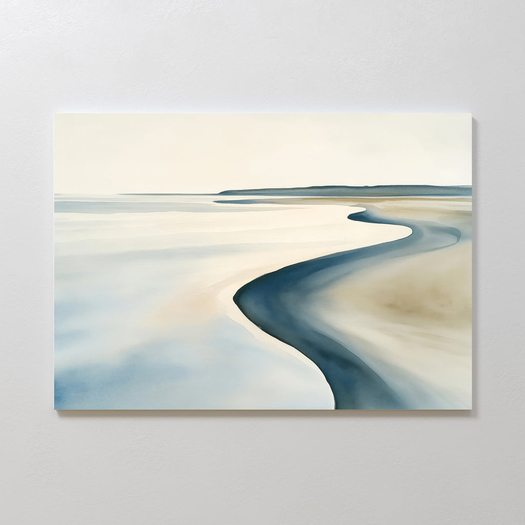 Serene Coastline Canvas Art – Horizontal: A minimalist painting of a calm shoreline in soft blue and beige, featuring gentle curves and a pale sky. Perfect coastal wall art for adding peaceful style to modern home decor.