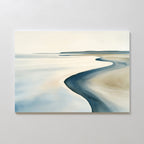 Serene Coastline Canvas Art – Horizontal: A minimalist painting of a calm shoreline in soft blue and beige, featuring gentle curves and a pale sky. Perfect coastal wall art for adding peaceful style to modern home decor.