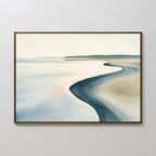 The Serene Coastline Canvas Art – Horizontal features a minimalist beach scene with gentle waves and soft tones, framed and elegantly displayed on a light-colored wall for a calming coastal touch.