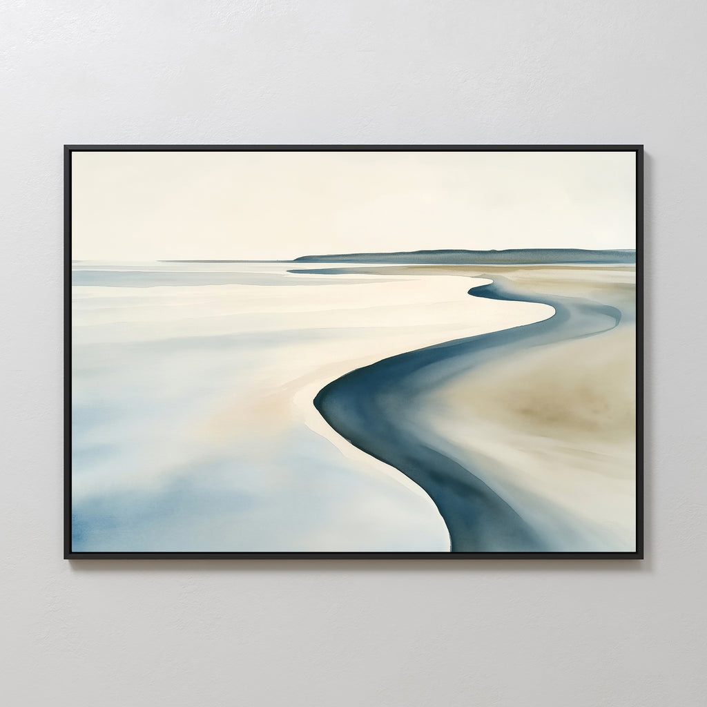 Serene Coastline Canvas Art – Horizontal features a winding shoreline in soft blues, beige, and white. This framed painting adds a modern touch to light walls, evoking calm with its tranquil coastline and water scene.