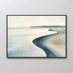 Serene Coastline Canvas Art – Horizontal features a winding shoreline in soft blues, beige, and white. This framed painting adds a modern touch to light walls, evoking calm with its tranquil coastline and water scene.