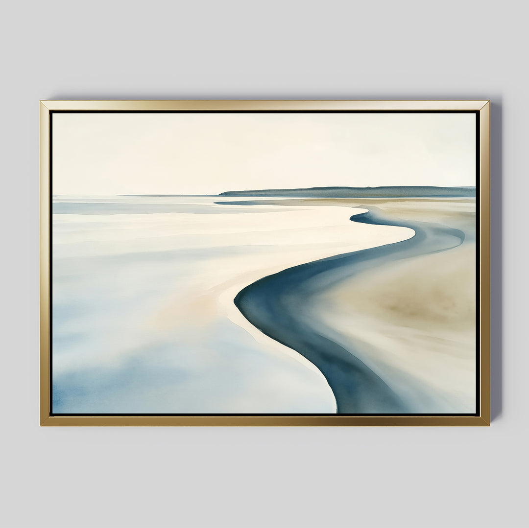 Bring tranquility to your space with the Serene Coastline Canvas Art – Horizontal, featuring soft blue and beige tones and gentle curves—ideal coastal wall art for modern decor, evoking a peaceful abstract seascape.