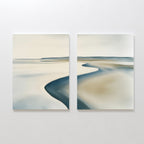The Serene Coastline Set of 2 features abstract landscape paintings with river-like curves in beige, blue, and green tones—ideal coastal wall art for a minimalist space with a Nordic Park feel.
