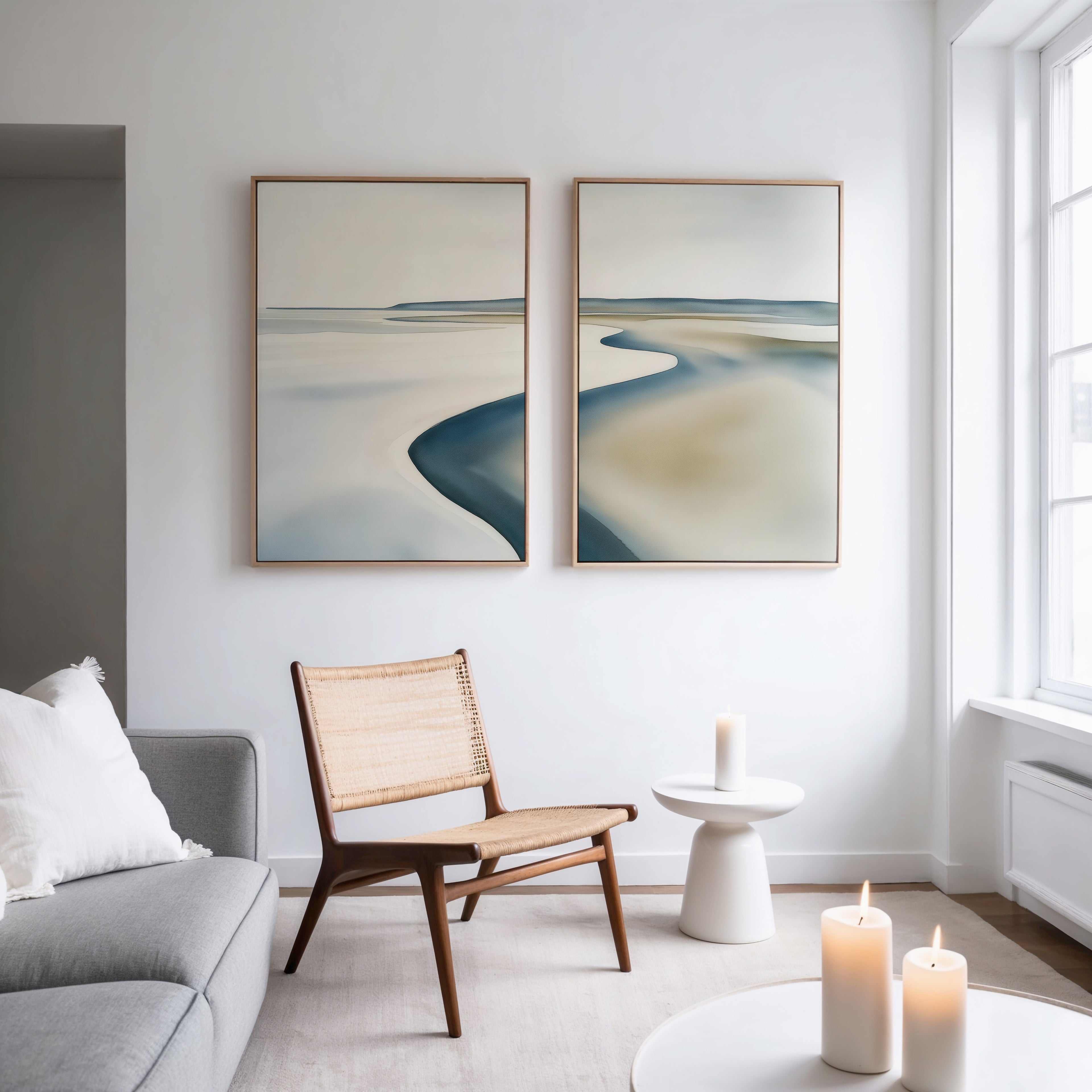 A minimalist living room with a wicker chair, small white table, lit candles, gray sofa, and the Serene Coastline Set of 2 wall art hanging on a white wall near a large window.