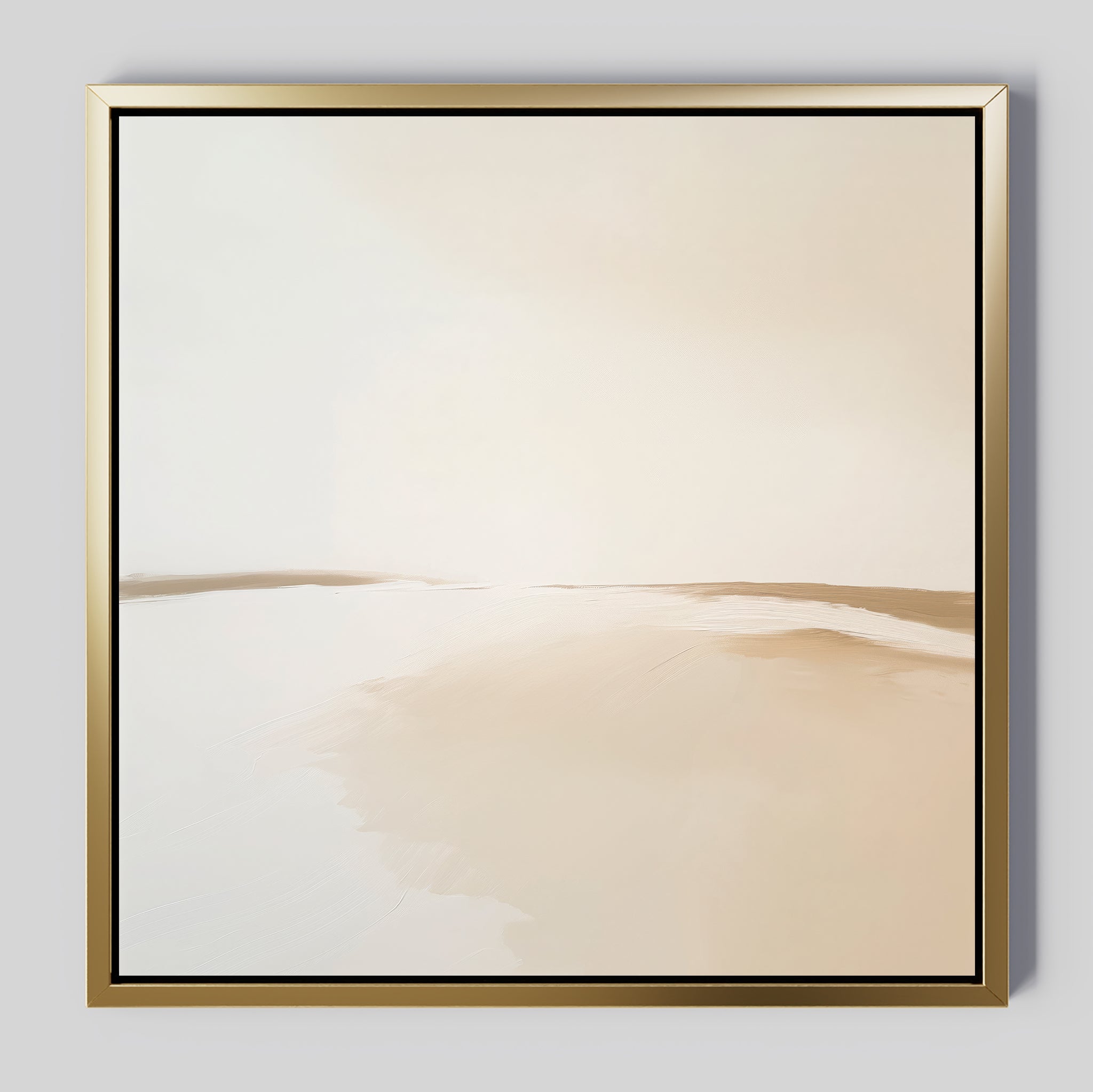 Serene Expanse Abstract Canvas Art features a soft beige and white abstract landscape in a gold frame—ideal modern wall art to bring serenity to your living room decor.