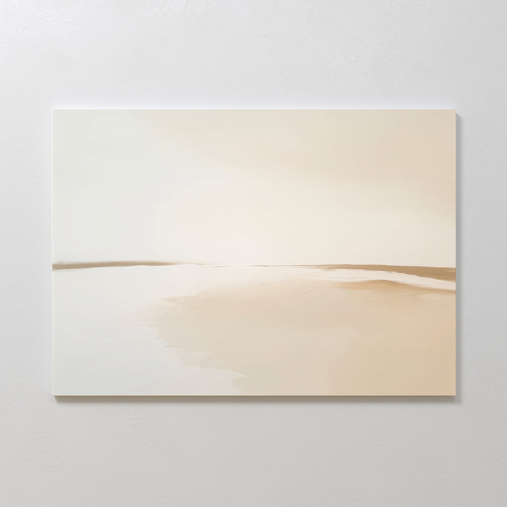 Serene Expanse Canvas Art – Horizontal features a minimalist, sandy landscape in soft beige and cream. This abstract wall art evokes tranquility, ideal for modern living rooms or as peaceful decor in any space.