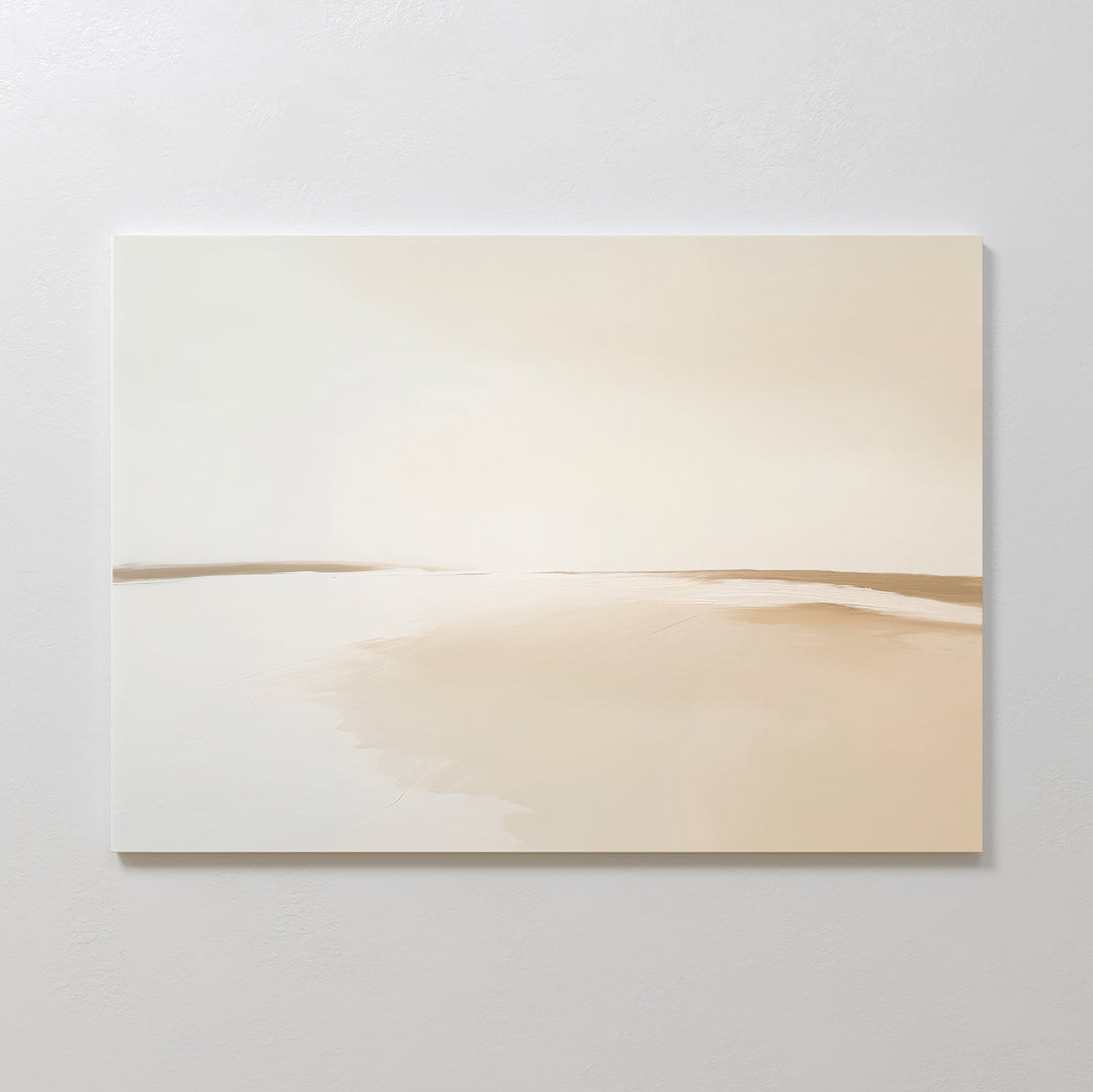 Serene Expanse Canvas Art – Horizontal features a minimalist, sandy landscape in soft beige and cream. This abstract wall art evokes tranquility, ideal for modern living rooms or as peaceful decor in any space.