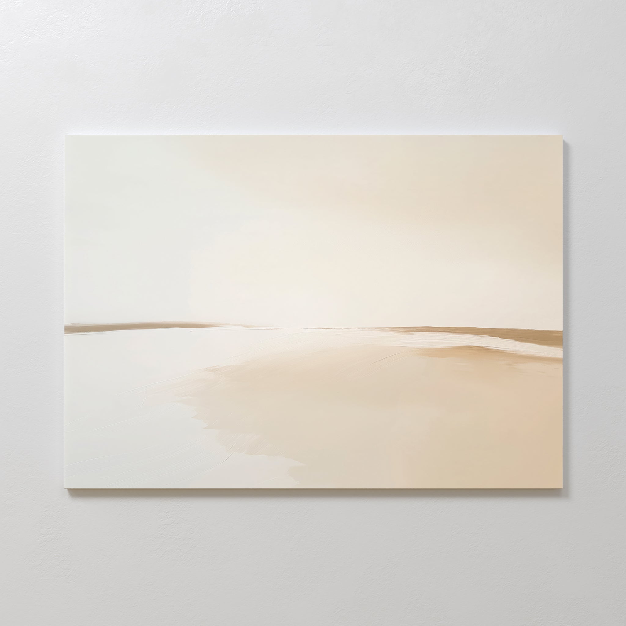 Serene Expanse Canvas Art – Horizontal features a minimalist, sandy landscape in soft beige and cream. This abstract wall art evokes tranquility, ideal for modern living rooms or as peaceful decor in any space.