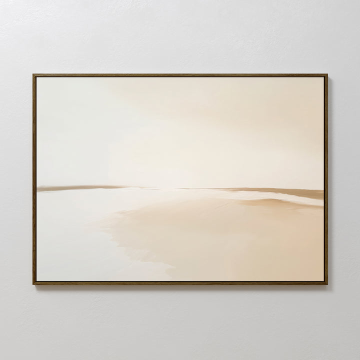 The Serene Expanse Canvas Art – Horizontal features a minimalist sandy landscape in soft beige and white with subtle horizon lines, framed by a thin dark border—ideal wall art for modern spaces or elegant living room decor.