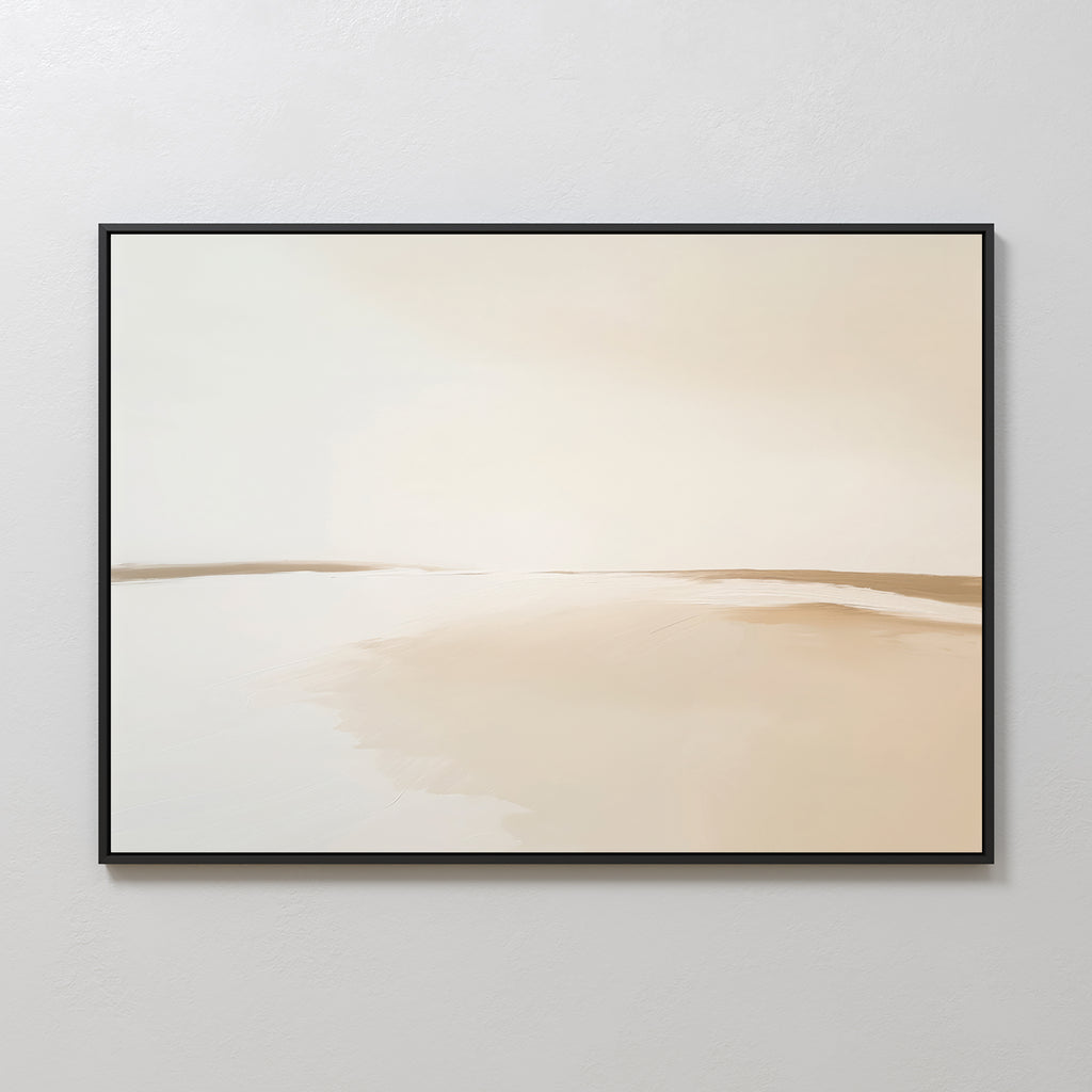 The Serene Expanse Canvas Art – Horizontal features a minimalist abstract landscape in soft beige and cream tones with flowing shapes and a black border—perfect for enhancing modern living room decor.