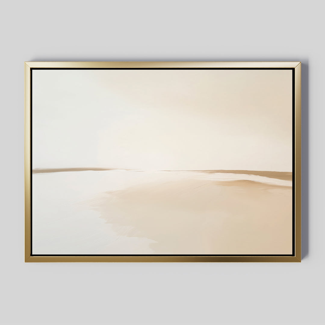 The Serene Expanse Canvas Art – Horizontal features minimalist beige and white abstract landscapes with gentle lines and smooth gradients, set in a slim metallic gold frame—an elegant addition to any modern or living room decor.