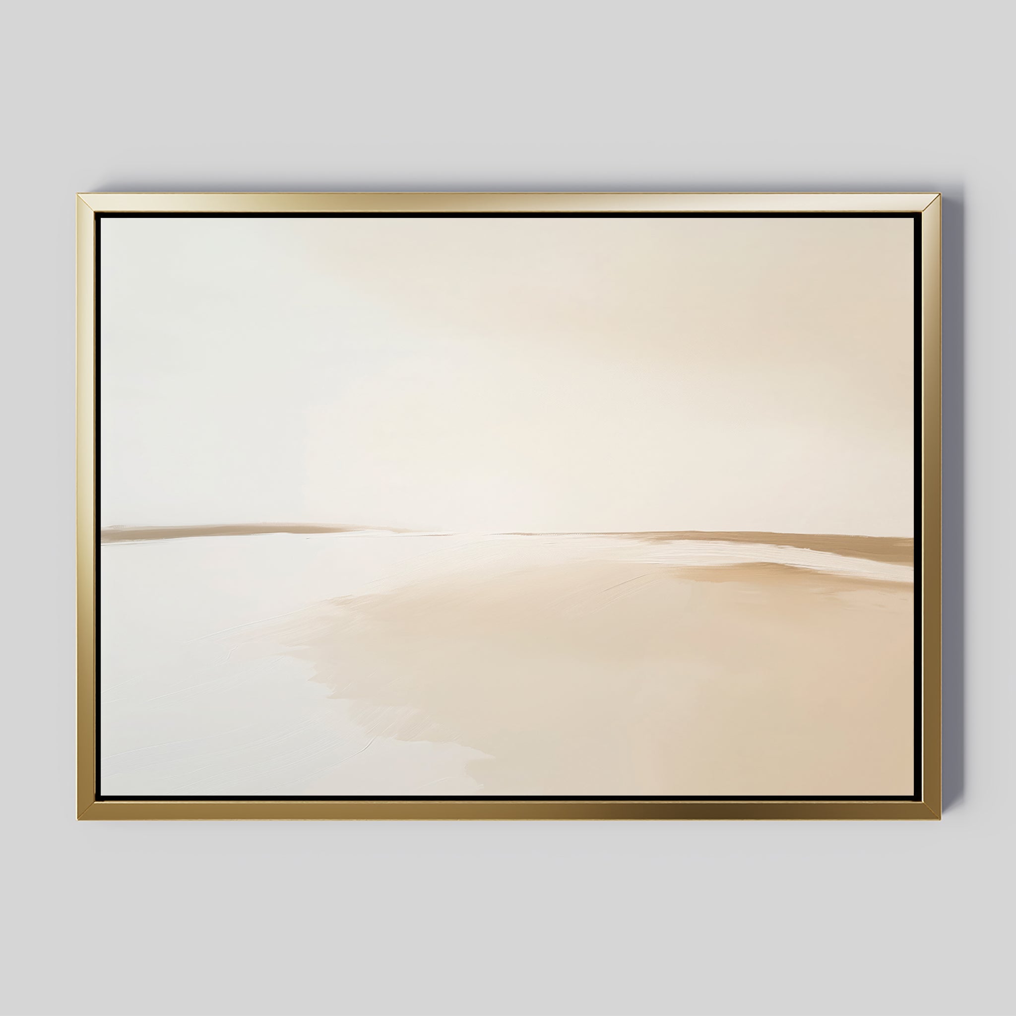 The Serene Expanse Canvas Art – Horizontal features minimalist beige and white abstract landscapes with gentle lines and smooth gradients, set in a slim metallic gold frame—an elegant addition to any modern or living room decor.