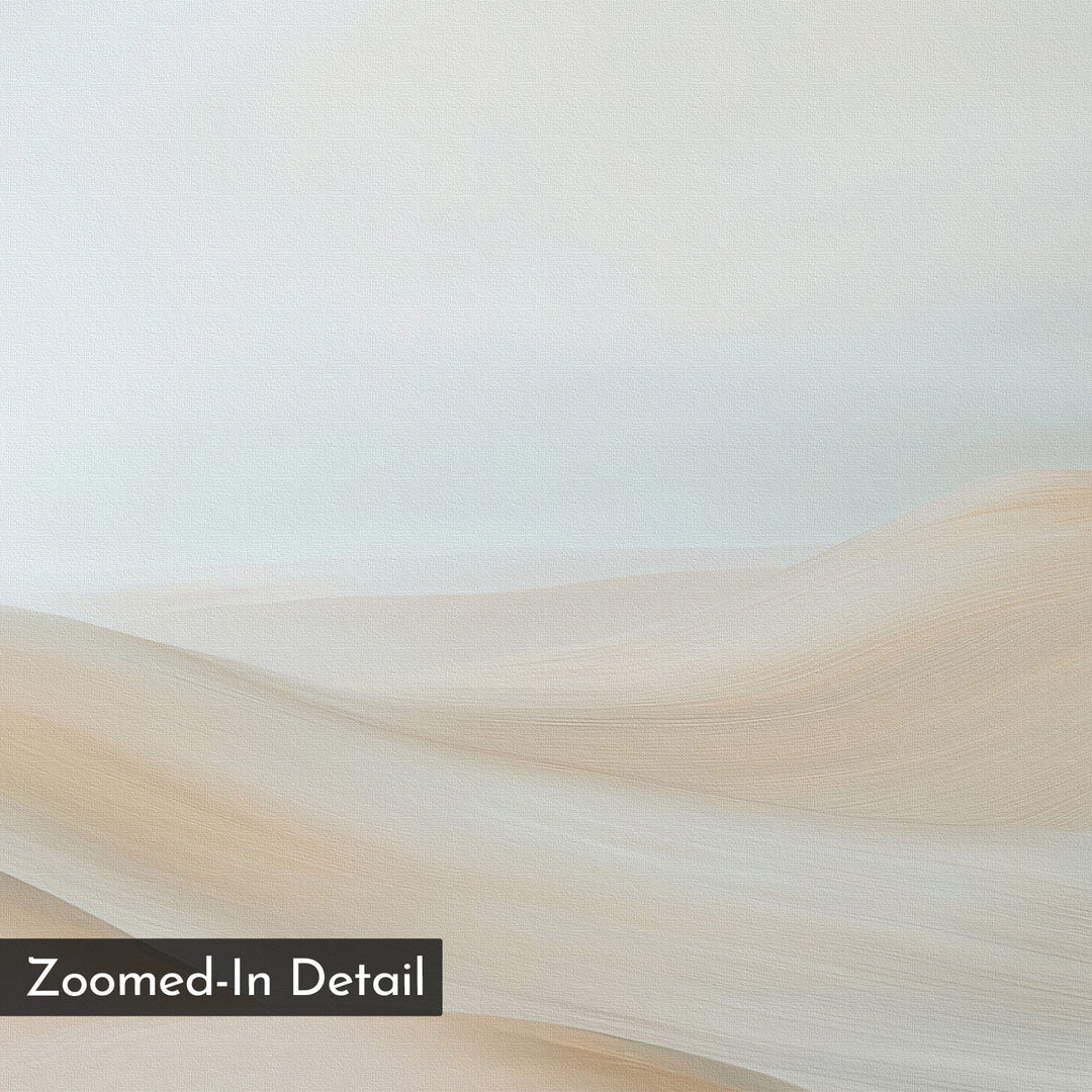 A close-up of soft, flowing beige and cream brushstrokes resembling sand dunes with “Zoomed-In Detail” in a black box at the bottom left highlights Serene Peaks Abstract Canvas Art’s intricate texture and unique artistry.