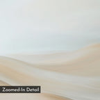 A close-up of soft, flowing beige and cream brushstrokes resembling sand dunes with “Zoomed-In Detail” in a black box at the bottom left highlights Serene Peaks Abstract Canvas Art’s intricate texture and unique artistry.