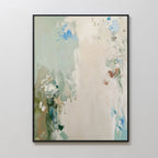 Serenity Garden Abstract Canvas Art features soft green, blue, beige, and brown tones forming loose organic shapes with light centers. Displayed in a black frame, it brings a serene touch to any modern decor.