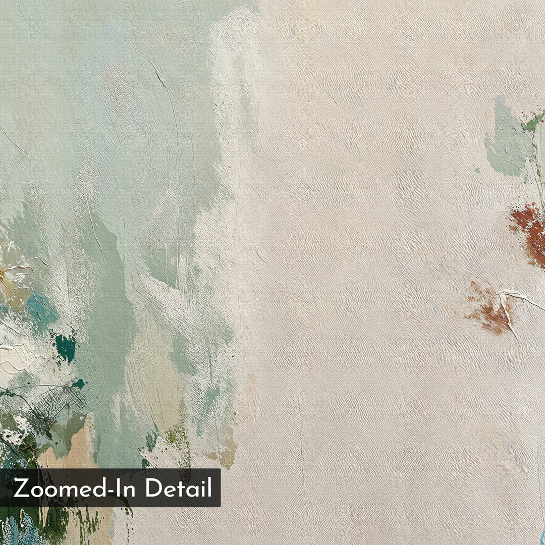 Zoomed-In Detail: Close-up of Serenity Garden Abstract Canvas Art, showing textured brushstrokes in pale green, beige, white, and hints of rust.