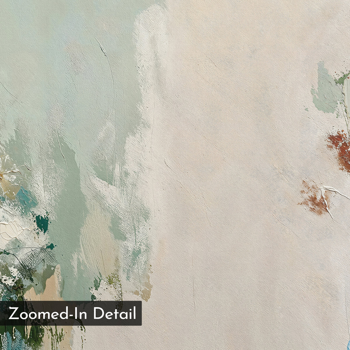 Zoomed-In Detail: Close-up of Serenity Garden Abstract Canvas Art, showing textured brushstrokes in pale green, beige, white, and hints of rust.