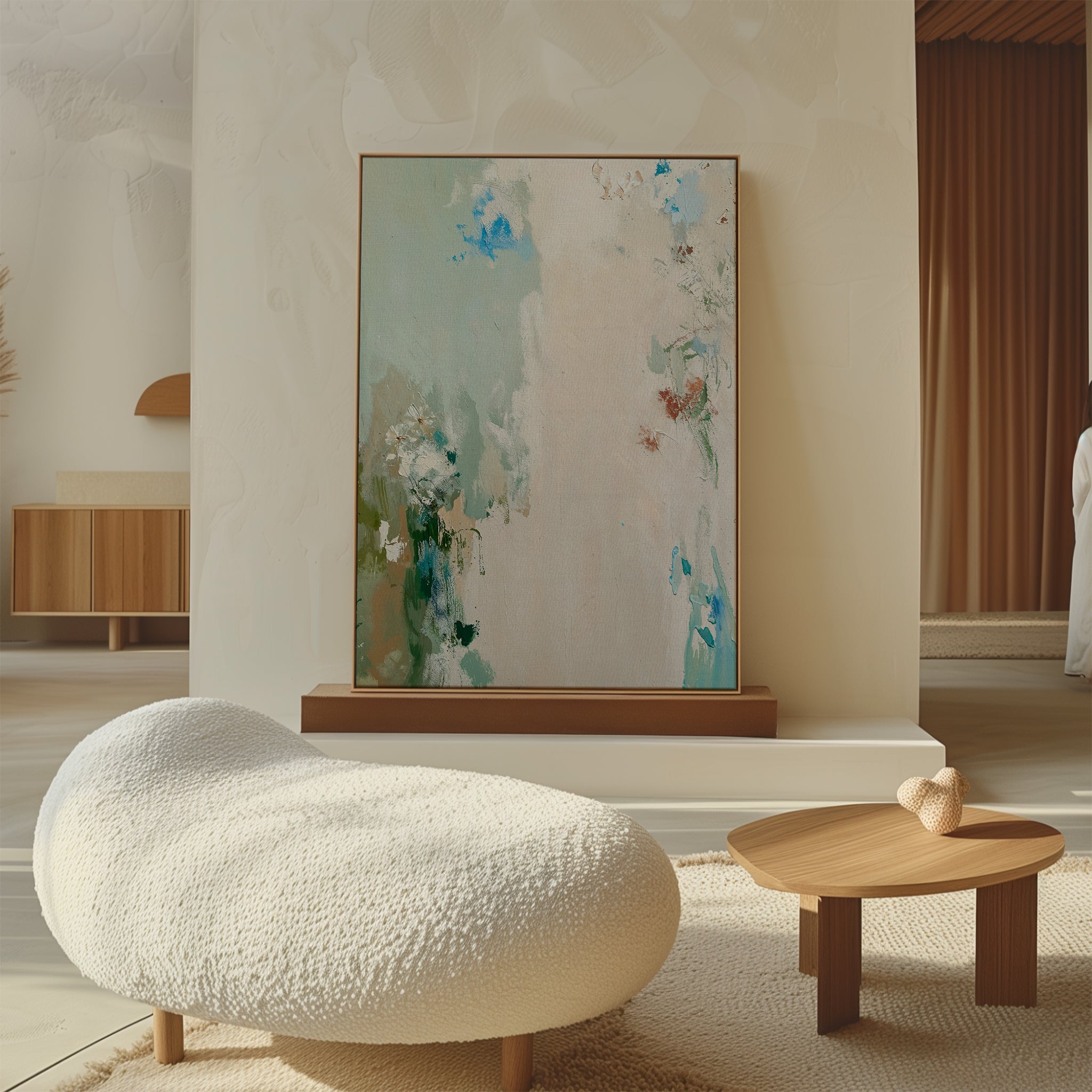 A modern living room with a textured white lounge chair, a small wooden coffee table, and the Serenity Garden Abstract Canvas Art in blue, green, and cream tones—Im sorry, but the product description appears to be missing or incomplete.