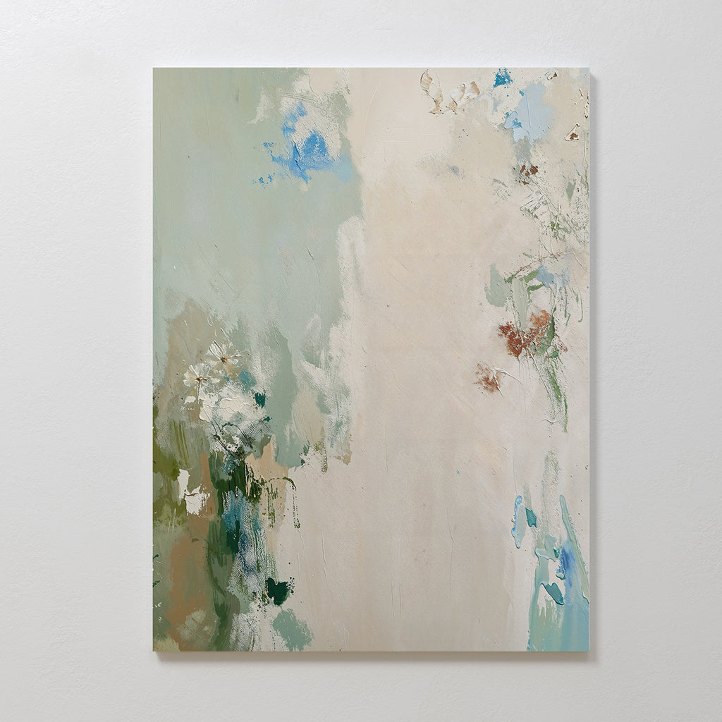Serenity Garden Abstract Canvas Art features textured brushstrokes and blended areas in soft, muted shades of light green, cream, blue, and brown on canvas, displayed against a white wall.