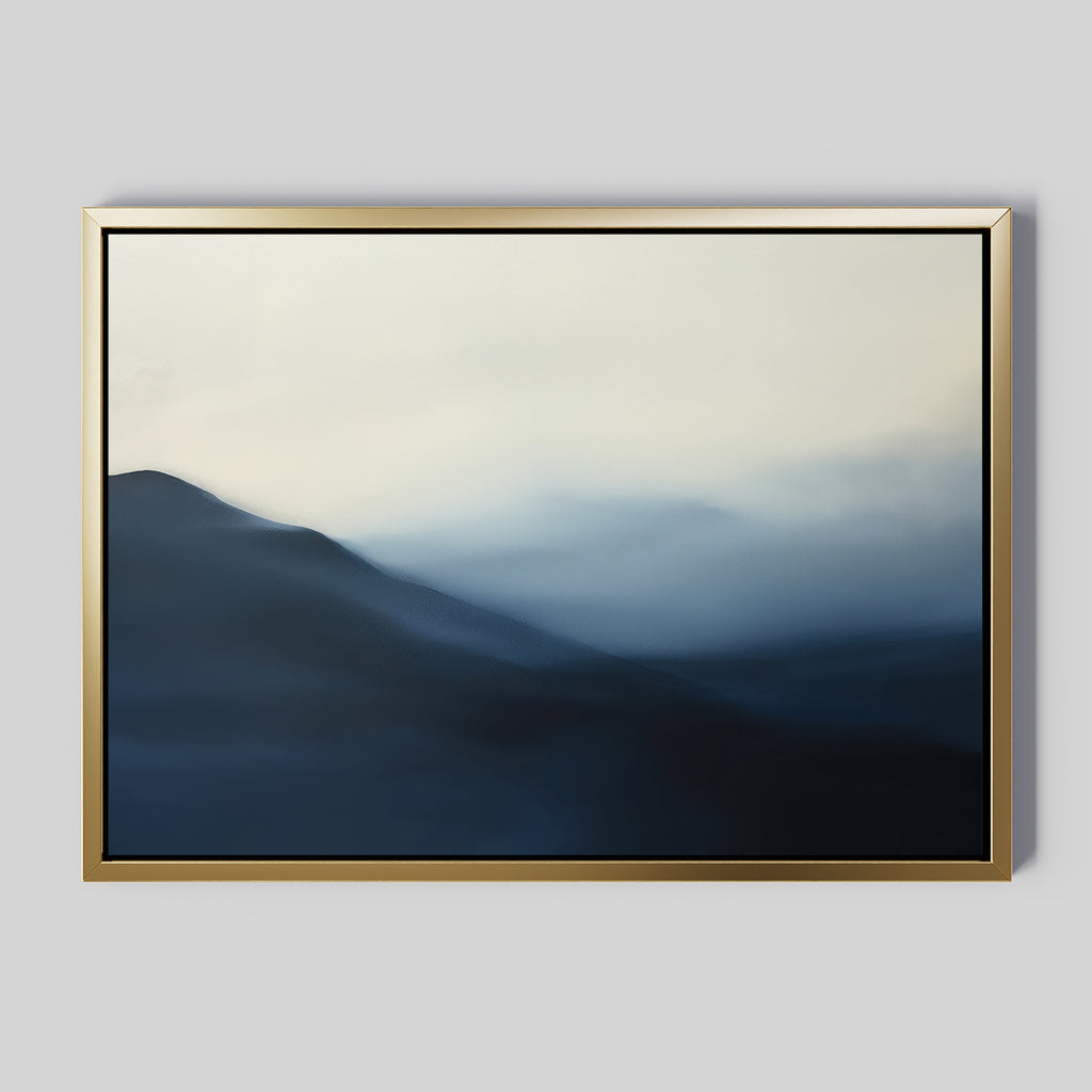 The Shadowed Valley Canvas Art – Horizontal features soft, blended blue and white shades resembling misty hills, bringing a minimalist and serene touch to your bedroom decor, especially against a light gray background.