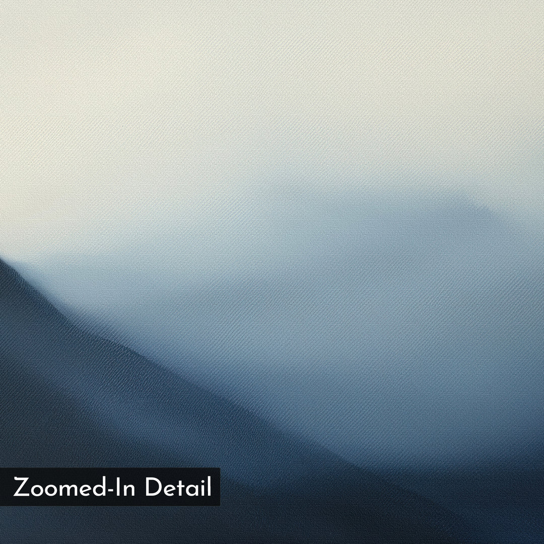 Abstract, soft-focus painting of misty blue mountains blending into a pale sky. Shadowed Valley Canvas Art – Horizontal showcases brushstroke texture, ideal as minimalist wall art or calming bedroom decor. "Zoomed-In Detail" text appears in the bottom left.