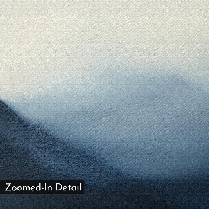 Abstract, soft-focus painting of misty blue mountains blending into a pale sky. Shadowed Valley Canvas Art – Horizontal showcases brushstroke texture, ideal as minimalist wall art or calming bedroom decor. "Zoomed-In Detail" text appears in the bottom left.