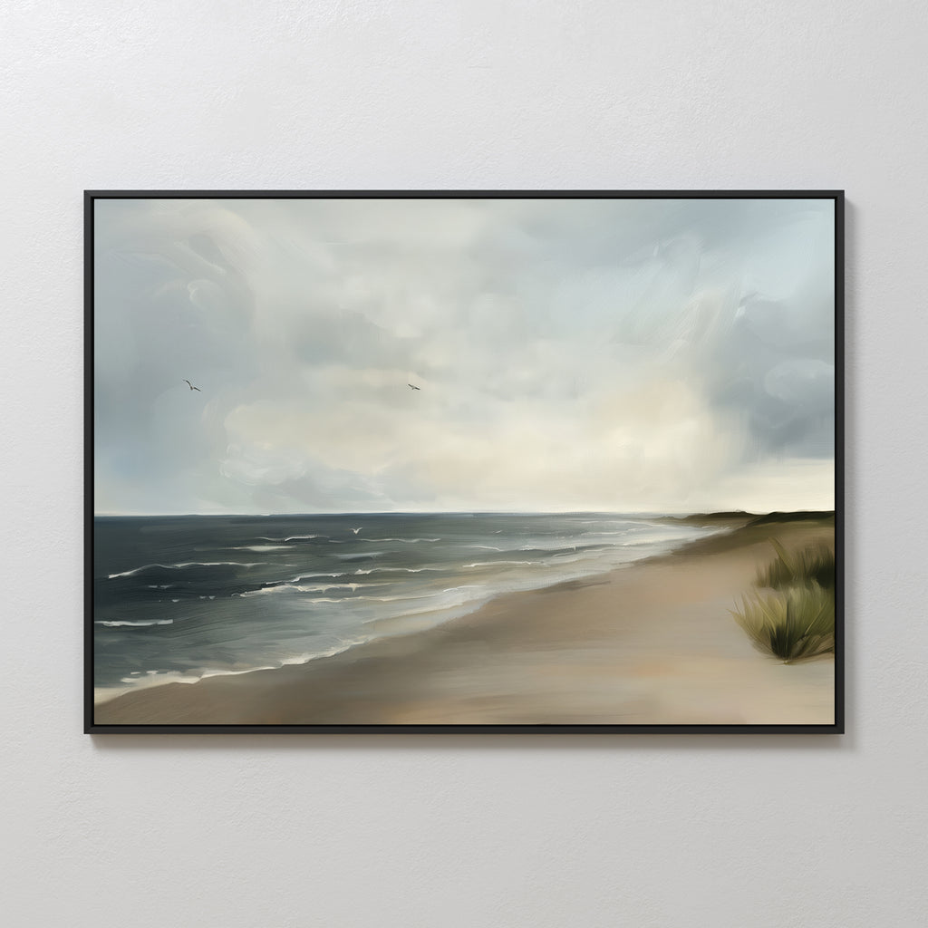 The Shoreline Calm Canvas Art features a serene beach with gentle waves, a cloudy sky, flying birds, and sand dunes with grasses—ideal minimalist wall art to bring peaceful coastal decor to any room.