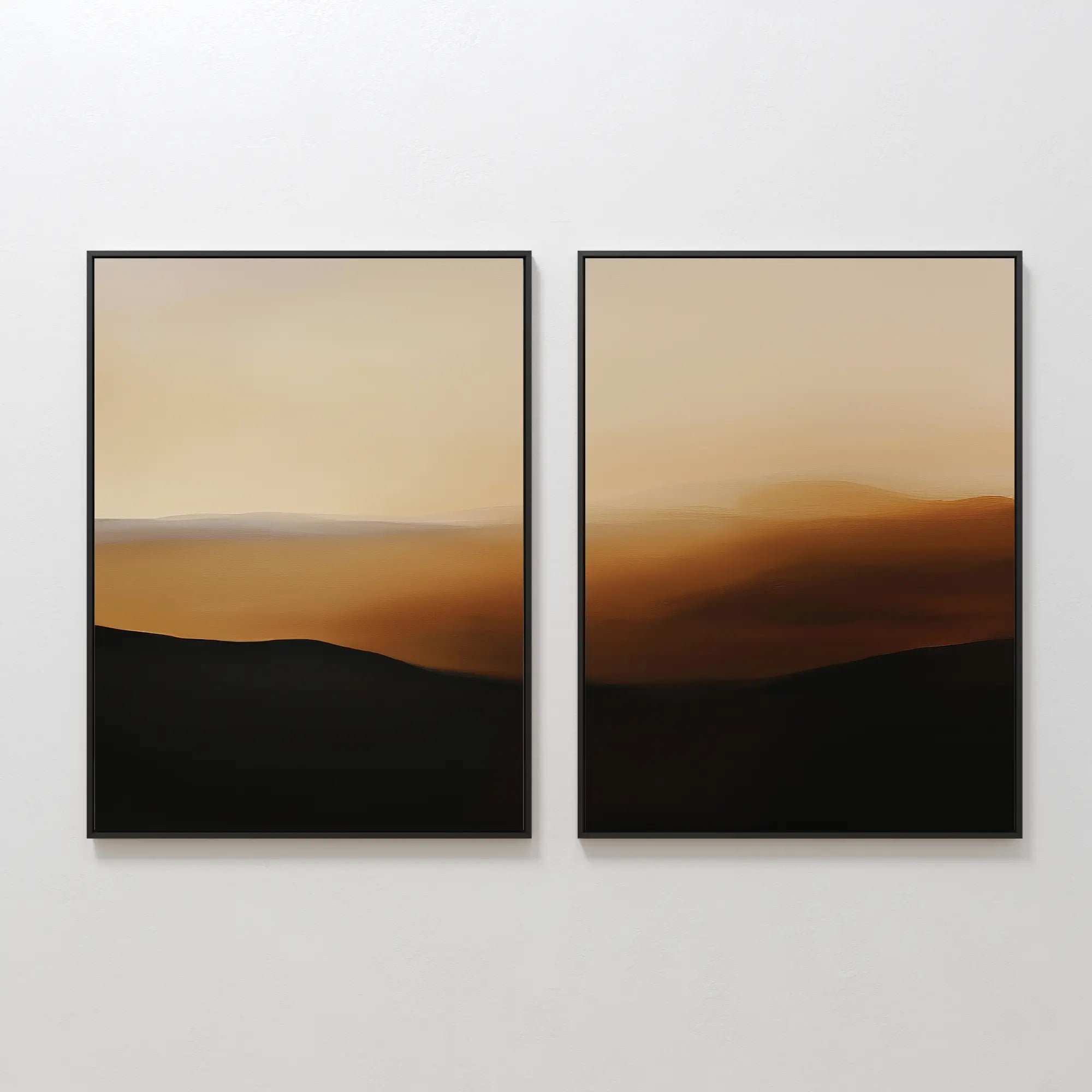 The Sienna Echo Set of 2 features framed abstract prints with warm beige and sienna gradients, depicting hazy landscapes with gentle hills for a minimalist, serene look—ideal for living room decor.