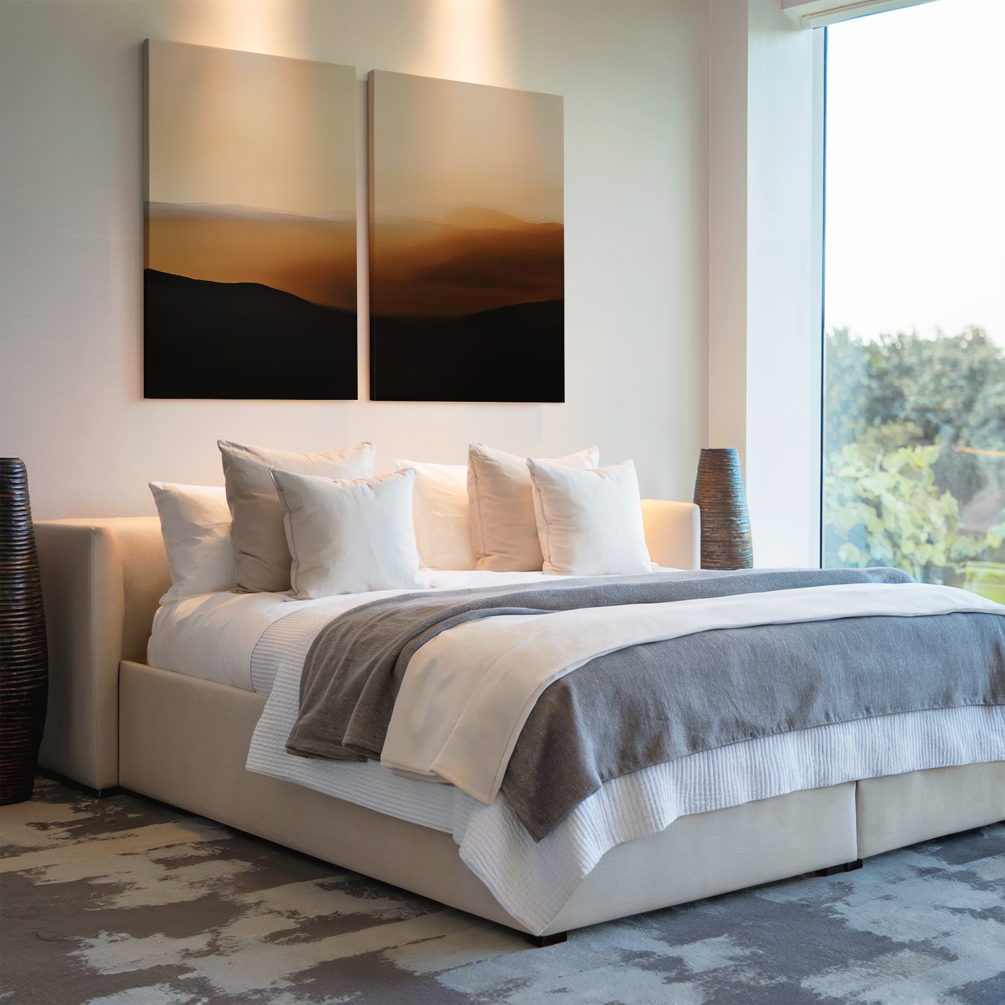 A modern bedroom with a large bed with white and gray bedding, several pillows, Sienna Echo Set of 2 wall art above the headboard, floor vases on each side, and a large window letting in natural light.