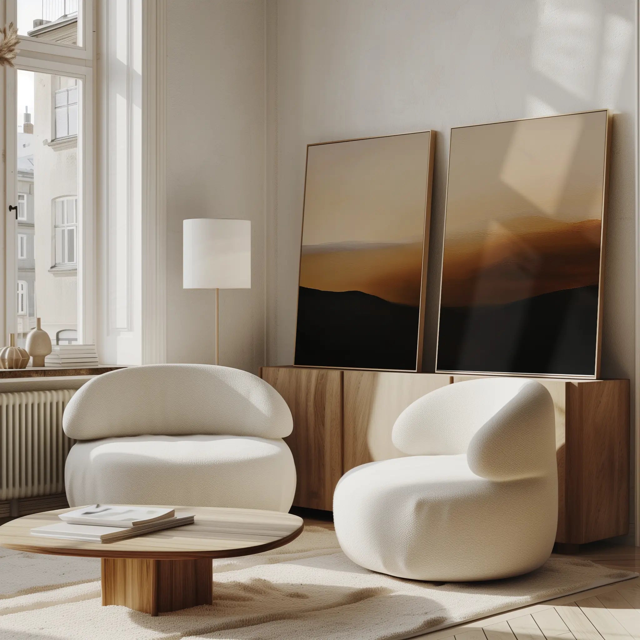 A modern living room featuring the Sienna Echo Set of 2 white curved armchairs, a low wooden coffee table, wooden sideboard, minimalist landscape wall art, a tall floor lamp, and large windows that fill the space with natural light.