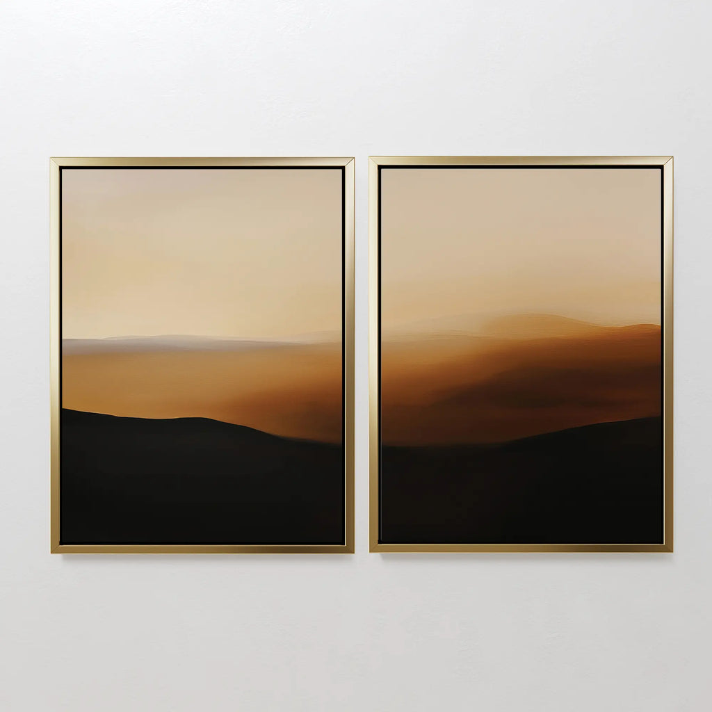 The Sienna Echo Set of 2 features minimalist landscape wall art with blurred brown and beige scenery, dark hills, and soft gradients—ideal for adding stylish, modern decor to your living room.