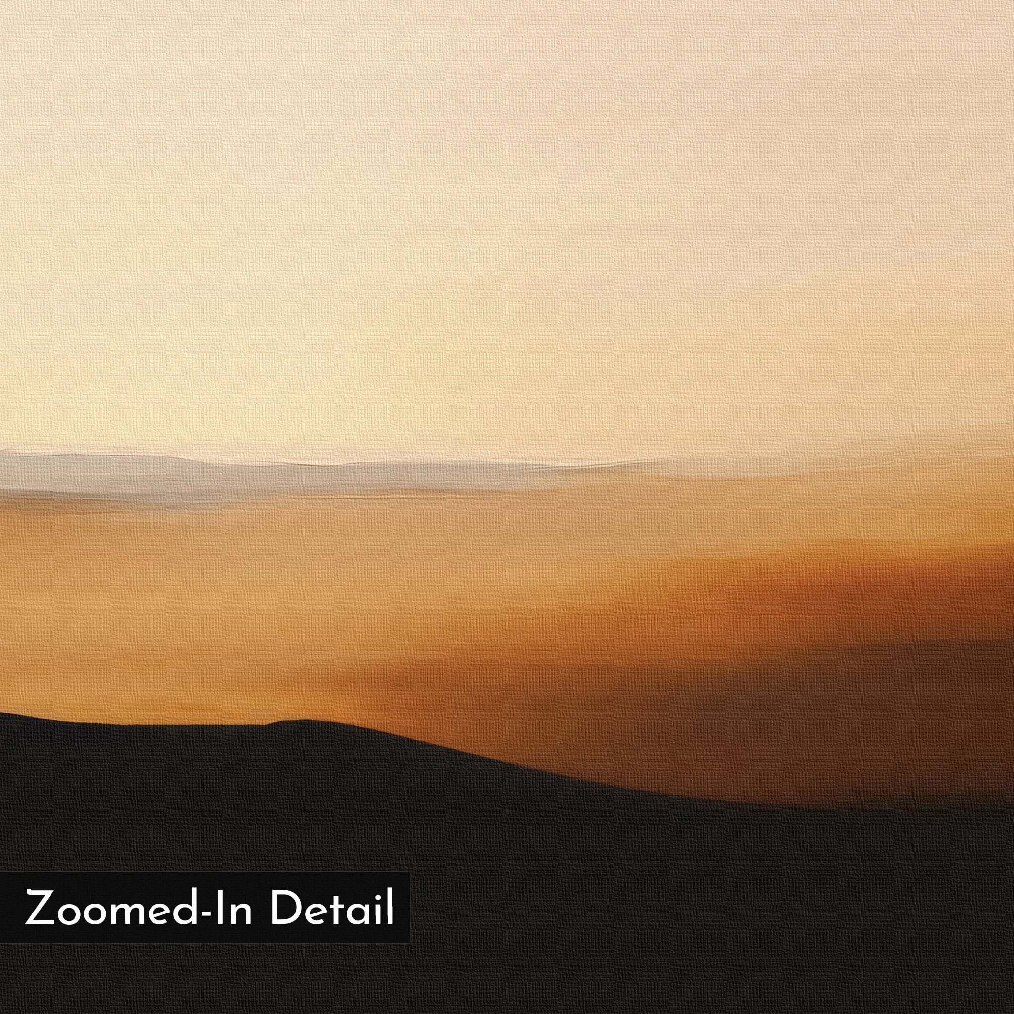 Sienna Ridge Canvas Art features blurred bands of cream, tan, orange, and brown reminiscent of a sunset over hills. A black box in the corner reads “Zoomed-In Detail,” enhancing its minimalist landscape wall decor style.