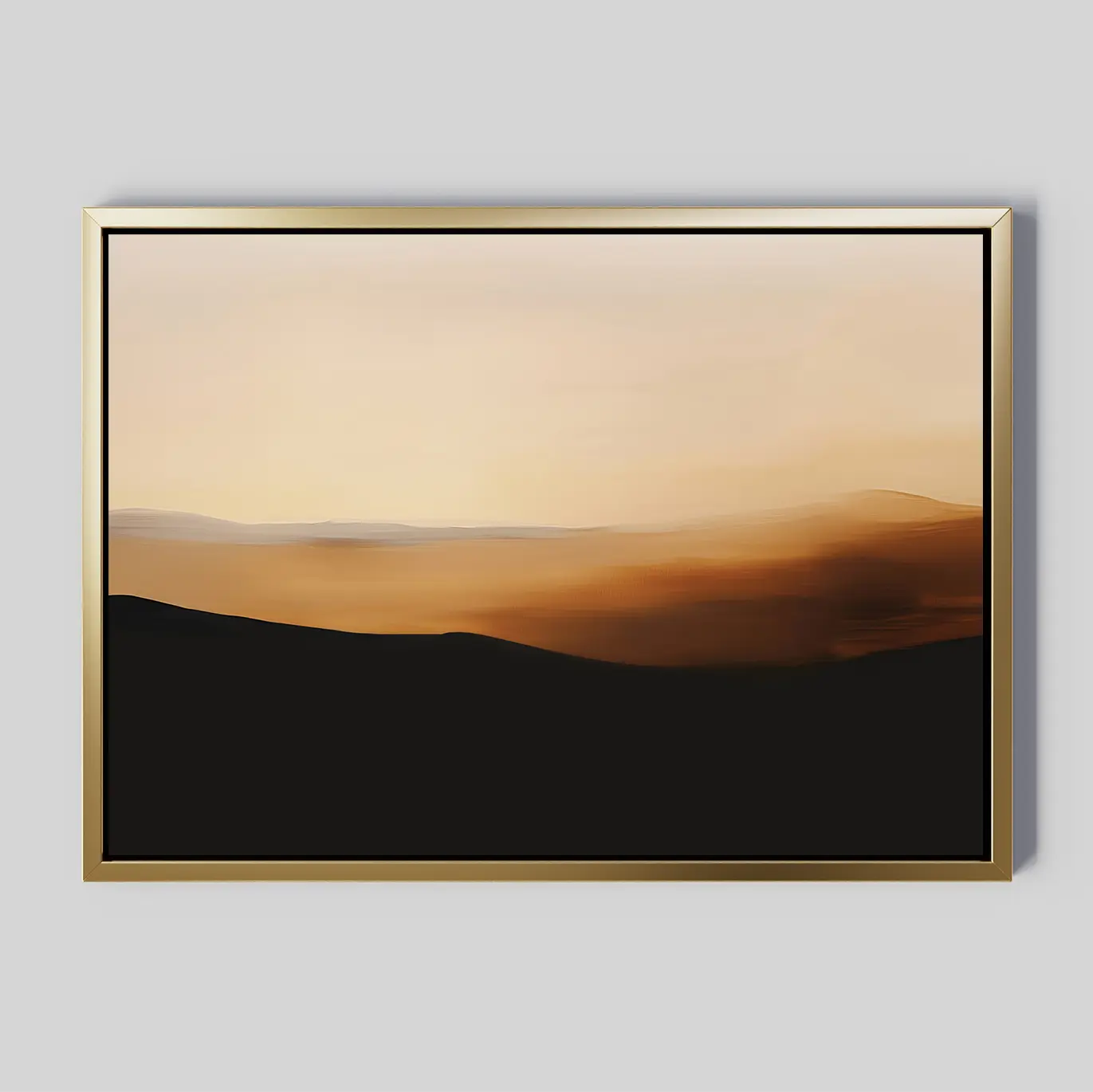 Sienna Ridge Canvas Art features a framed abstract landscape in soft gold, brown, and black tones, evoking a sunrise or sunset over rolling hills—ideal minimalist wall art for modern living room decor.