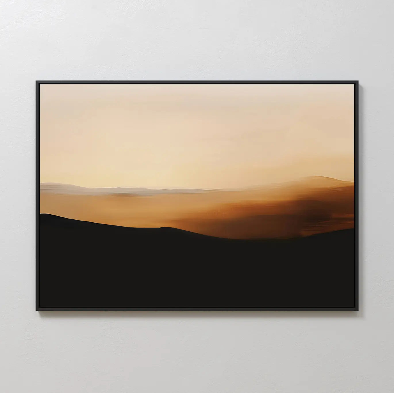 Sienna Ridge Canvas Art: A framed abstract featuring blurred dark hills and soft orange-beige tones in the sky—ideal minimalist wall decor for a modern living room.