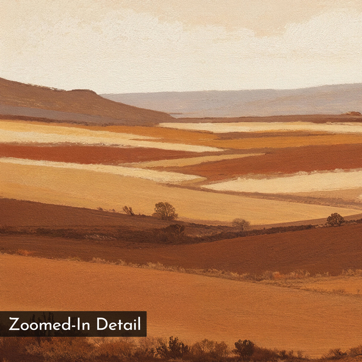 Close-up of the Sienna Terrain Canvas Art—terracotta landscape with rolling hills in warm brown and orange hues, soft layered textures, and a hazy sky. Ideal as a wall art print to bring warmth and depth to your space.