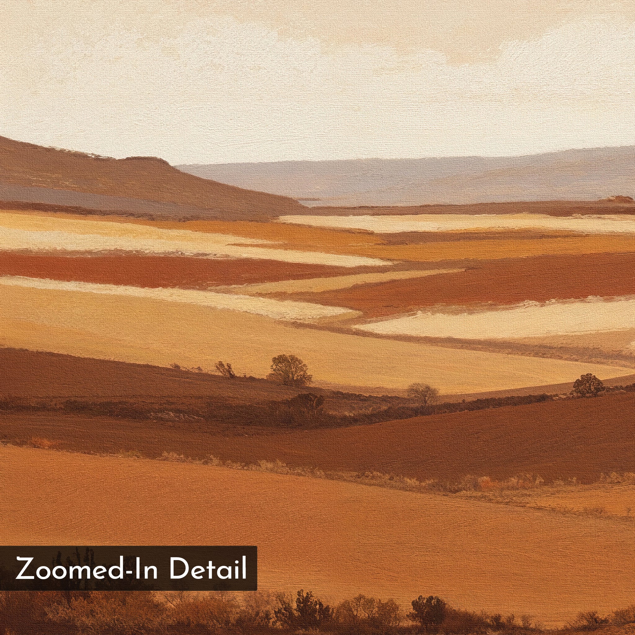 Close-up of the Sienna Terrain Canvas Art—terracotta landscape with rolling hills in warm brown and orange hues, soft layered textures, and a hazy sky. Ideal as a wall art print to bring warmth and depth to your space.