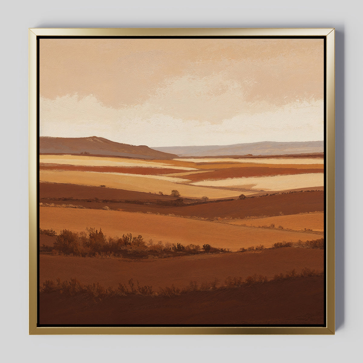 The Sienna Terrain Canvas Art features a tranquil terracotta landscape with rolling hills and fields in earthy browns and golds beneath a cloudy sky, evoking the calming beauty of a Nordic Park.