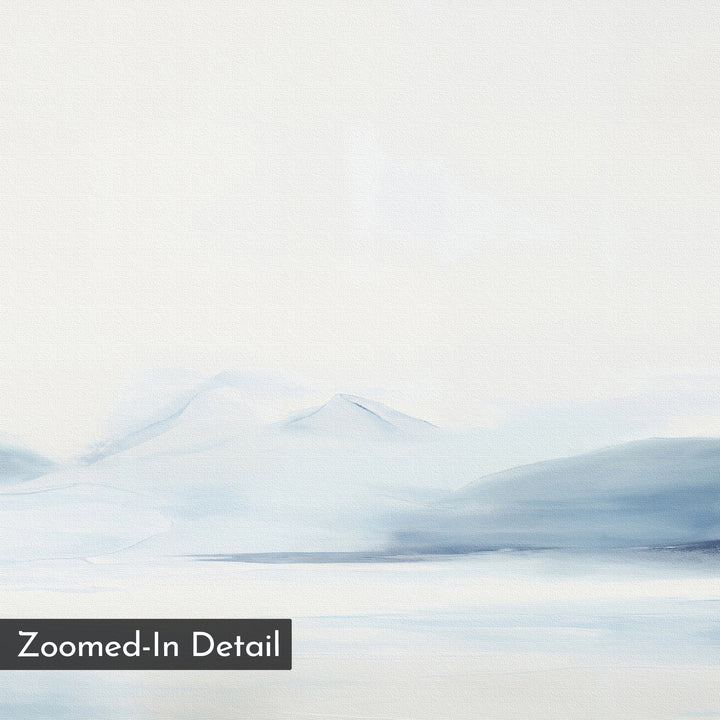 Silent Glaciers Canvas Art features a minimalist watercolor design with soft pale blue mountains and misty reflections on calm water, creating a serene, tranquil vibe—ideal for large wall art displays.