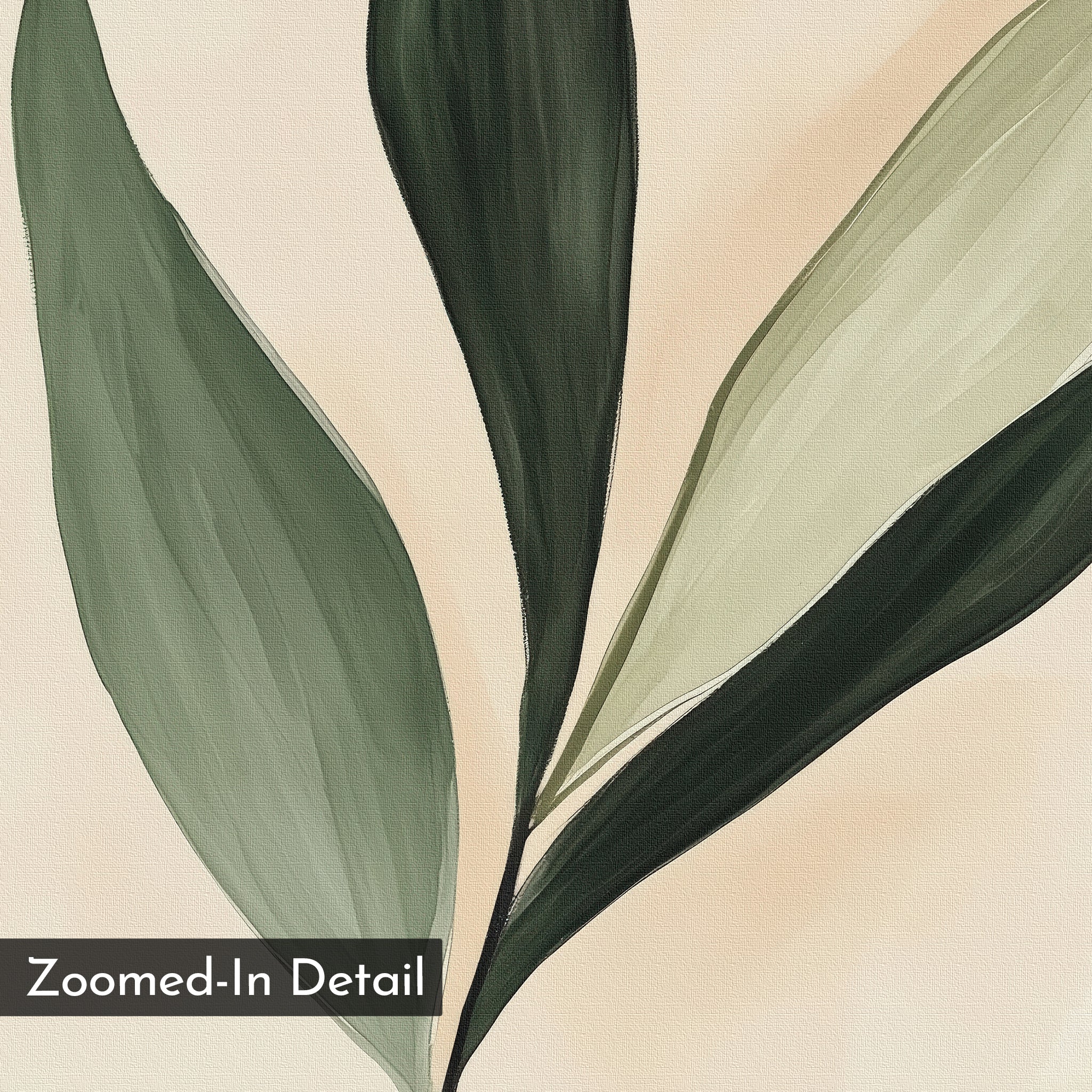 A close-up of abstract green leaves on beige from the Silent Leaf Canvas Art, showcasing detailed brush strokes and texture. Minimalist wall art with a “Zoomed-In Detail” label in the corner.