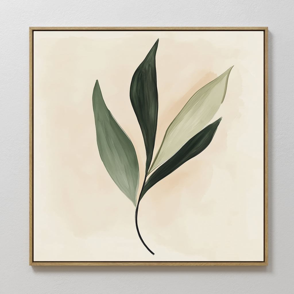 Silent Leaf Canvas Art features a minimalist design with four elongated green leaflets in varied shades on a beige background, framed in thin gold. An elegant botanical wall art piece perfect for modern decor.