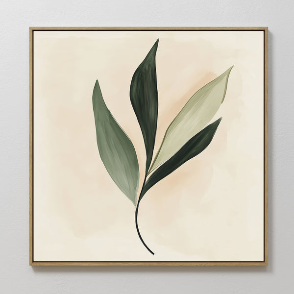 Silent Leaf Canvas Art features a minimalist design with four elongated green leaflets in varied shades on a beige background, framed in thin gold. An elegant botanical wall art piece perfect for modern decor.