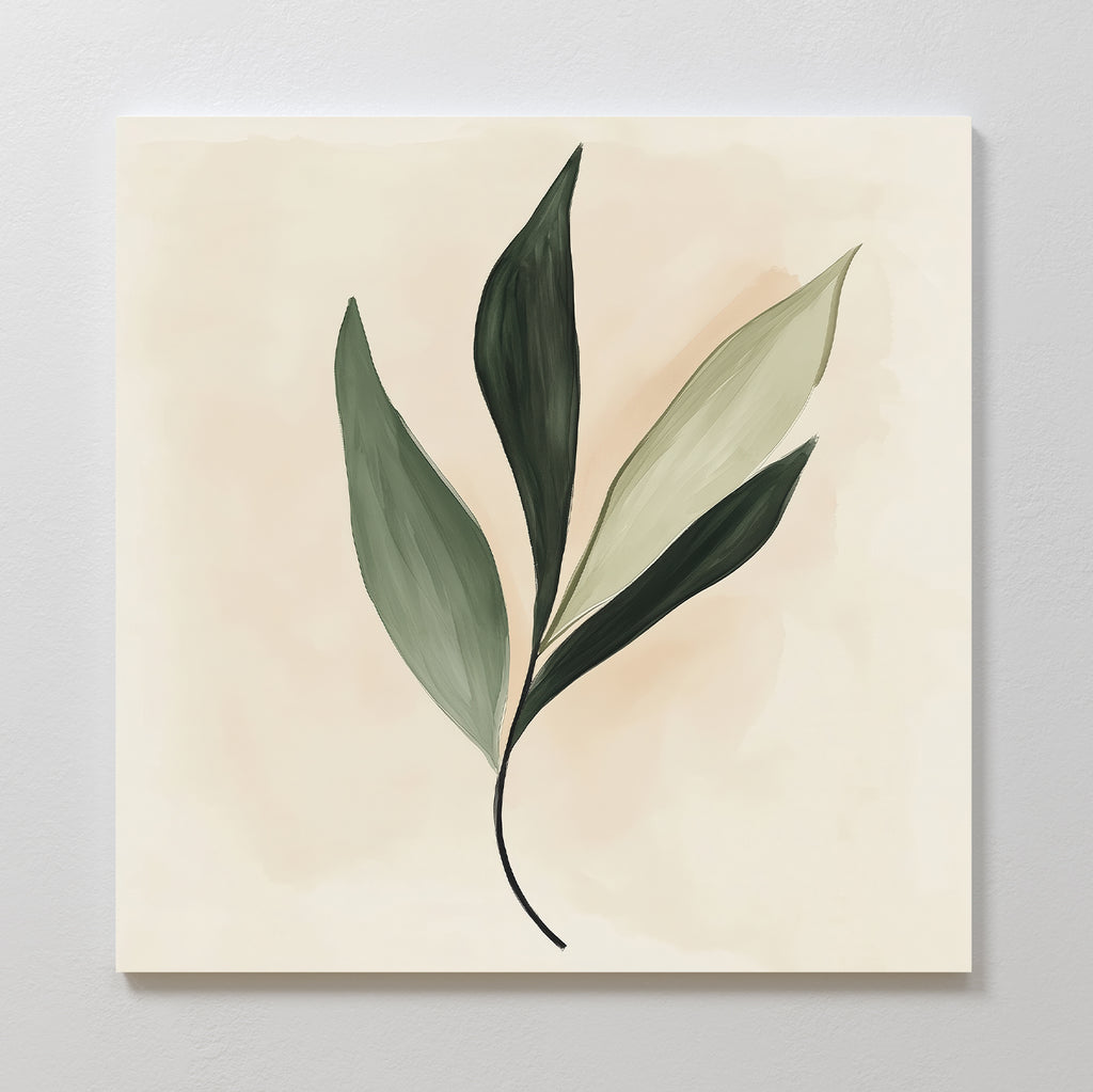 Silent Leaf Canvas Art: A minimalist botanical wall piece with a green leafy branch of five elongated leaves on a soft beige square canvas—ideal for contemporary Nordic decor.