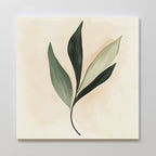 Silent Leaf Canvas Art: A minimalist botanical wall piece with a green leafy branch of five elongated leaves on a soft beige square canvas—ideal for contemporary Nordic decor.
