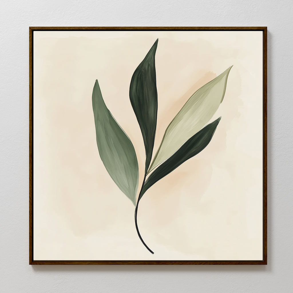 Silent Leaf Canvas Art features a minimalist green leafy branch with four elongated leaves on a soft beige background, elegantly framed in dark wood—ideal botanical wall art for Nordic décor.