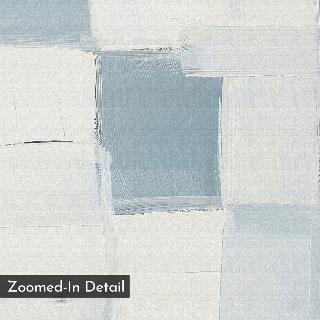 Silent Squares Abstract Canvas Art features overlapping rectangular blocks in white, light gray, and blue with visible brushstrokes for texture. "Zoomed-In Detail" is labeled in the corner, making it perfect for modern home decor.
